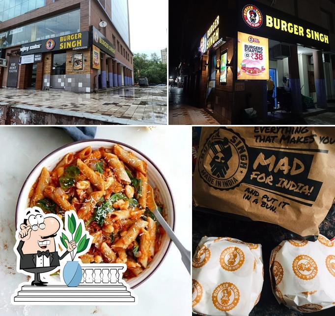 Take a look at the image displaying exterior and food at Burger Singh