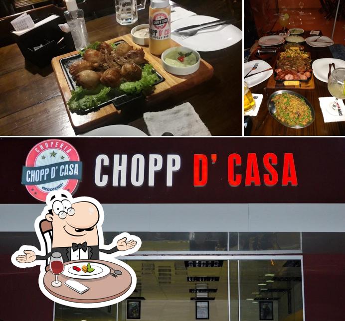 Confira a ilustração mostrando mesa de jantar e exterior a Chopp D'Casa