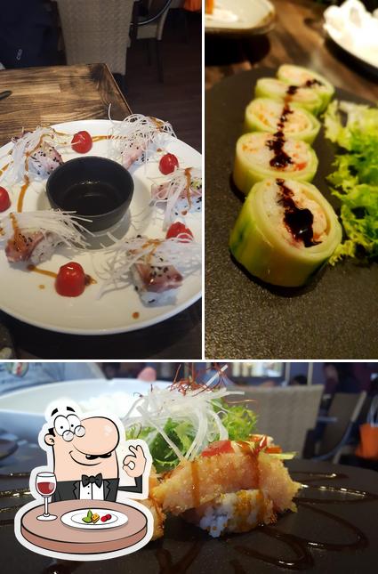 Dies ist das Bild das lebensmittel und wein bei Oriental Bambu' Sushi-Bar anzeigt