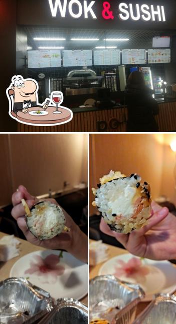 Это фотография, где изображены еда и внутреннее оформление в Wok & Sushi