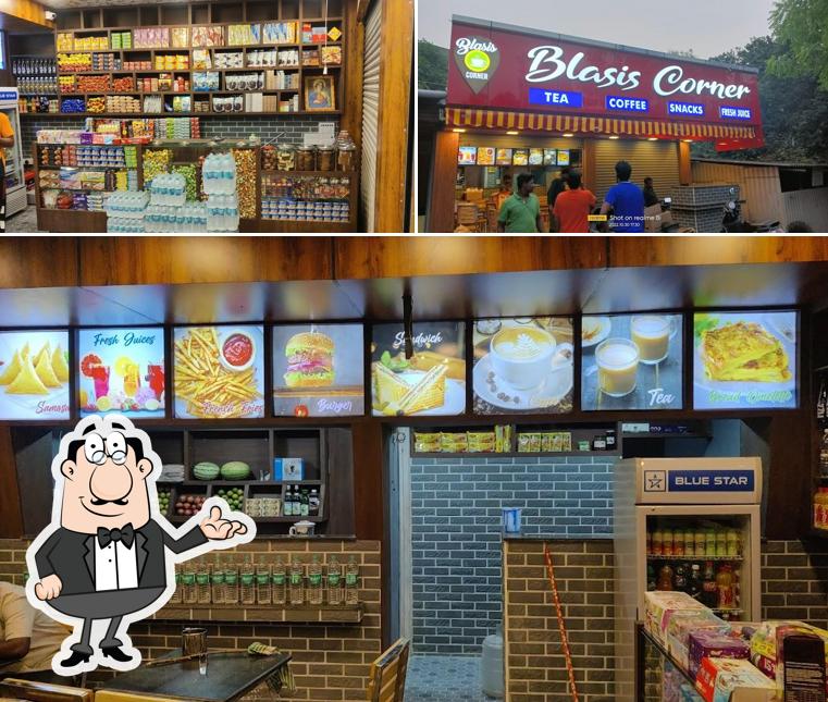 Check out the image displaying interior and burger at Blasis corner