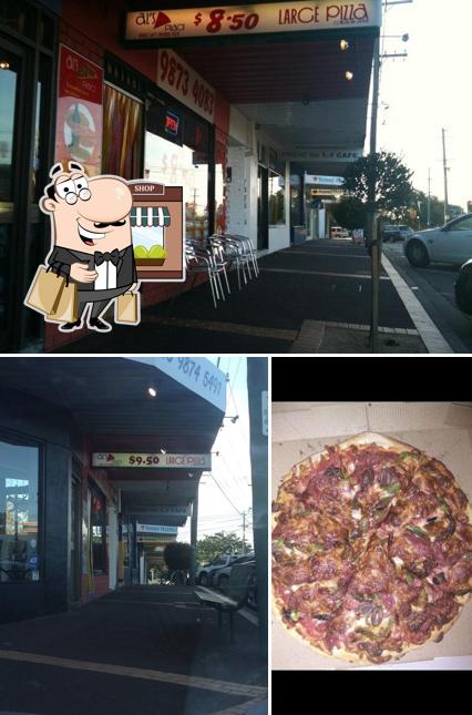 The photo of Al's Place’s exterior and pizza