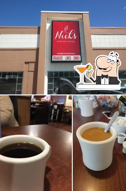 Check out the photo displaying drink and exterior at Nick's Pancake House