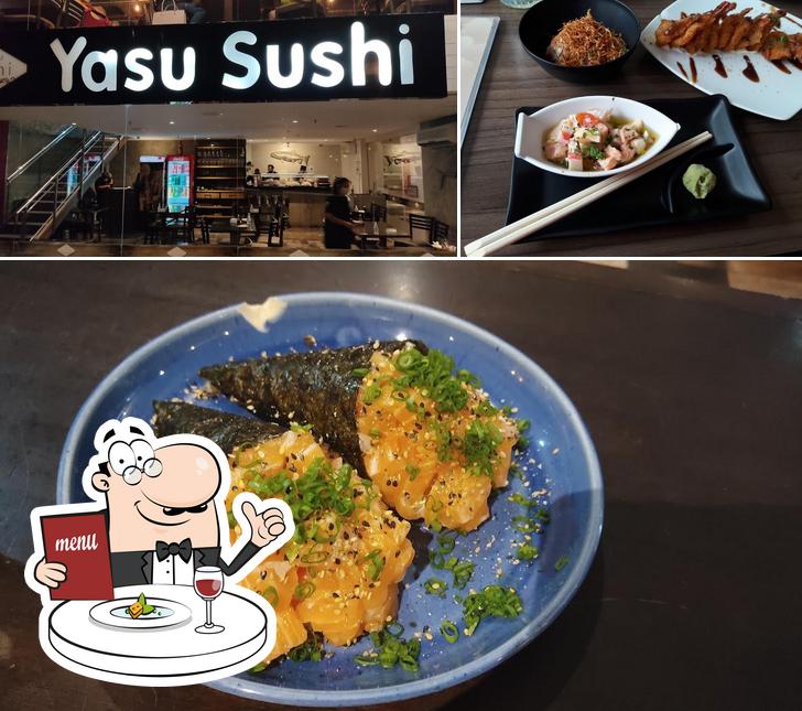 Dê uma olhada a ilustração mostrando comida e interior no Yasu Sushi