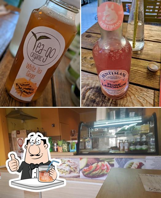 Among various things one can find drink and burger at Edgy Veggy