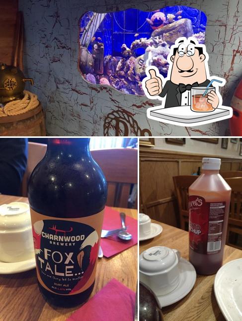 Check out the photo showing drink and seafood at Rothley Fisheries