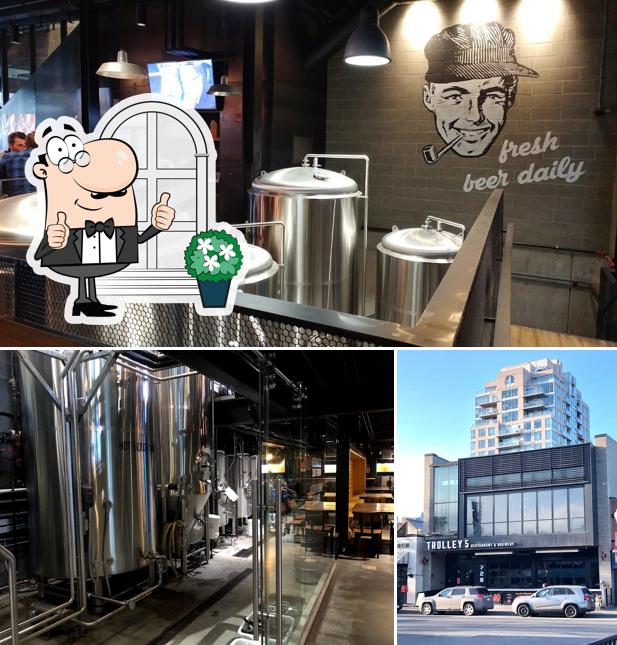 The photo of exterior and drink at Trolley 5 Brewpub