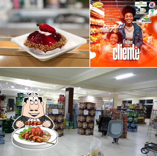 Dê uma olhada a ilustração mostrando comida e interior no Supermercado Pardinhense