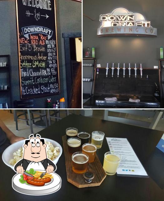 Among various things one can find food and blackboard at Downdraft Brewing