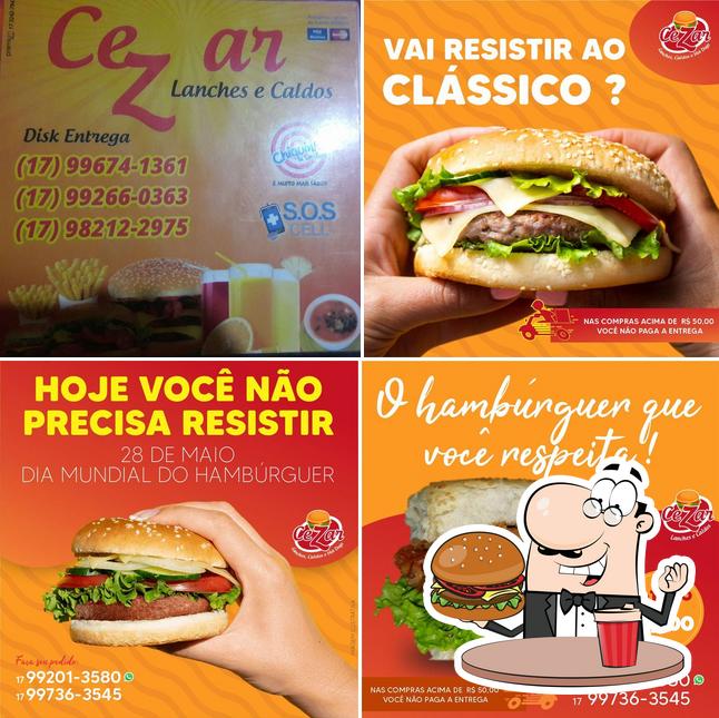 Os hambúrgueres do Cezar Lanche-Caldo-Hotdog irão saciar uma variedade de gostos