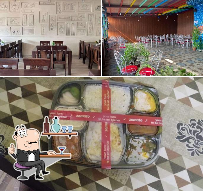 The restaurant's interior and food