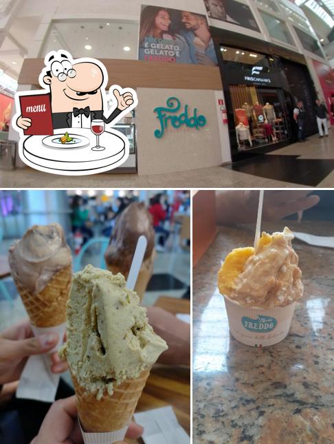 Confira a ilustração mostrando comida e exterior no Freddo Gelateria - Shop Estação