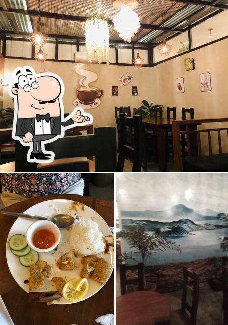 Take a look at the image depicting interior and food at Everybody's CAFE Tagaytay