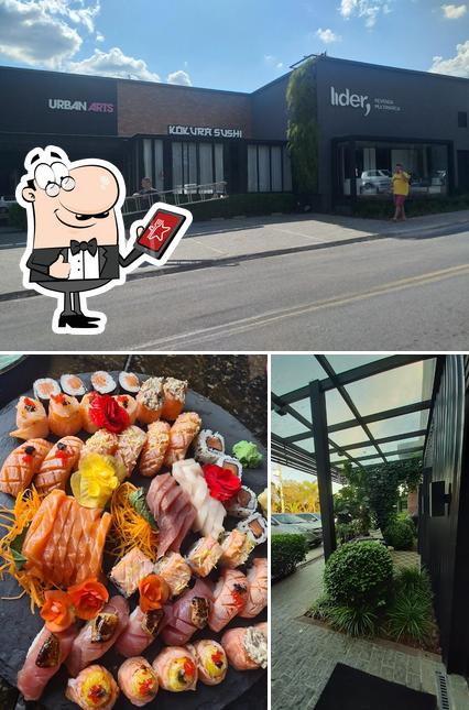 Dê uma olhada a ilustração mostrando exterior e comida no Kokura sushi