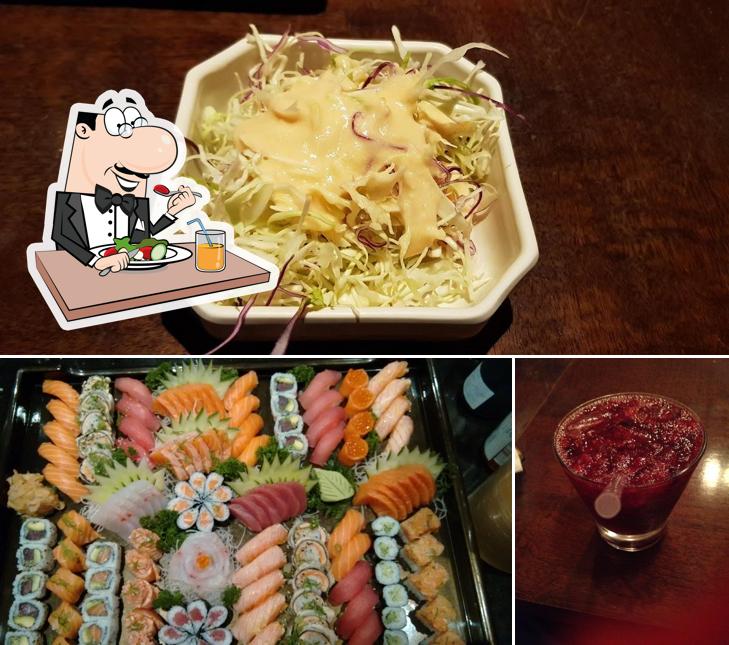 Confira a ilustração mostrando comida e bebida no Sushi Papaia Veiga Filho