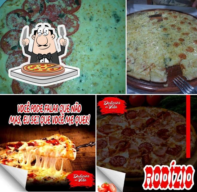 Escolha pizza no Delícias da Vila Pizzaria