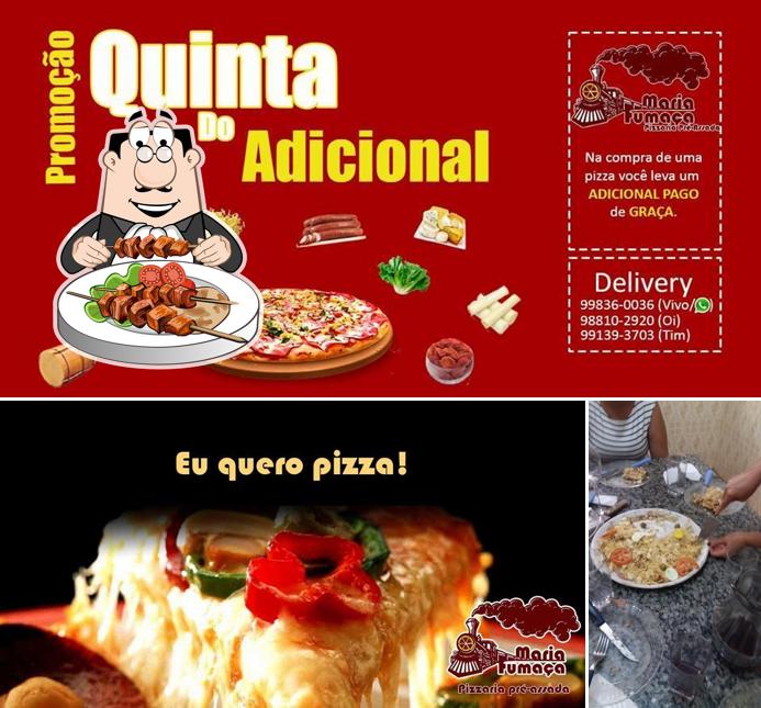 A foto a Pizzaria Maria Fumaça’s comida e mesa de jantar