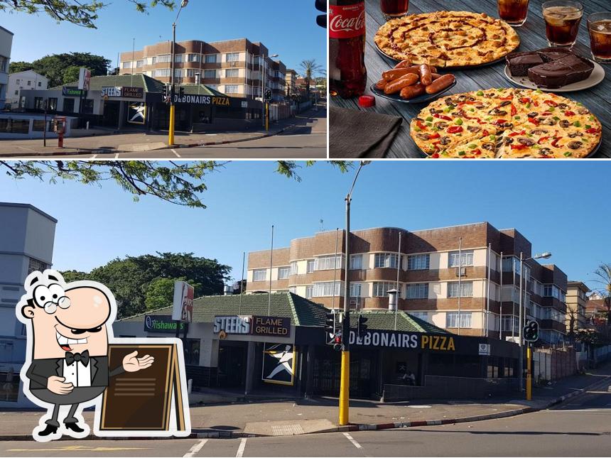 Parmi les diverses choses de la extérieur et la nourriture, une personne peut trouver sur Debonairs Pizza