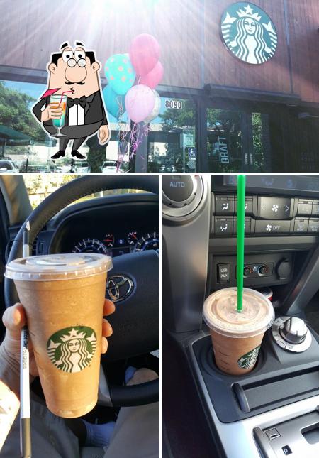 Check out the picture displaying drink and exterior at Starbucks