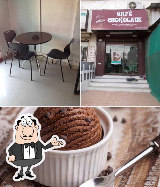 This is the image showing interior and dessert at Cafe Chokolade