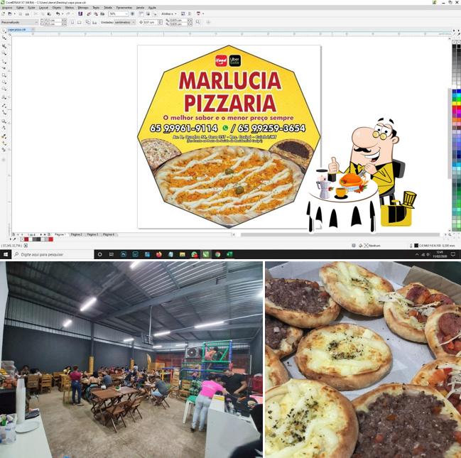 Dê uma olhada a ilustração apresentando comida e interior no Marlucia Pizzaria & Salgados