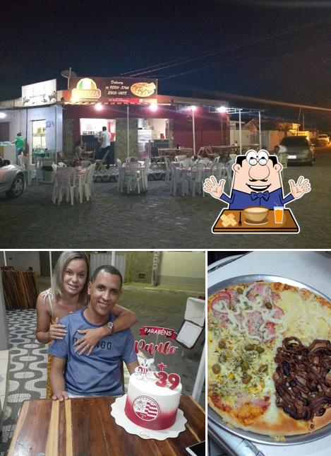A ilustração a Fan Pizza’s comida e interior