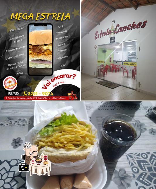 Entre diferentes coisas, comida e interior podem ser encontrados no Estrela Lanches