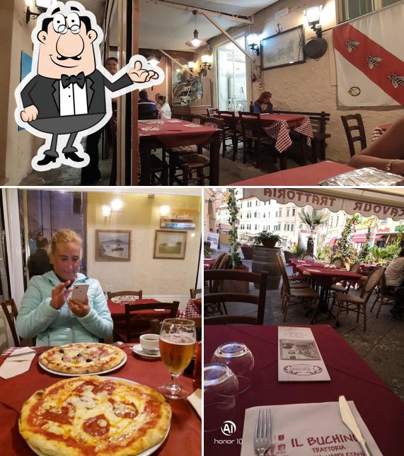 Tra le diverse cose da Ristorante Pizzeria Il Buchino si possono trovare la interni e tavolo da pranzo