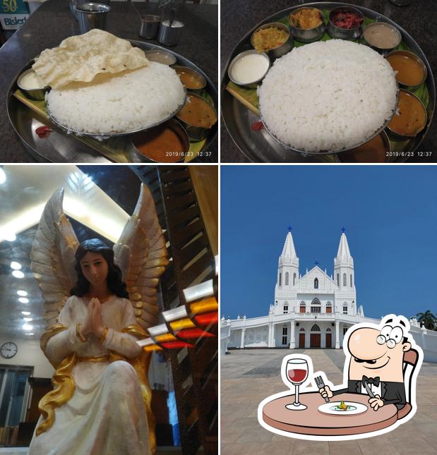 Take a look at the picture displaying food and exterior at Saravana Bhavan, Velankanni