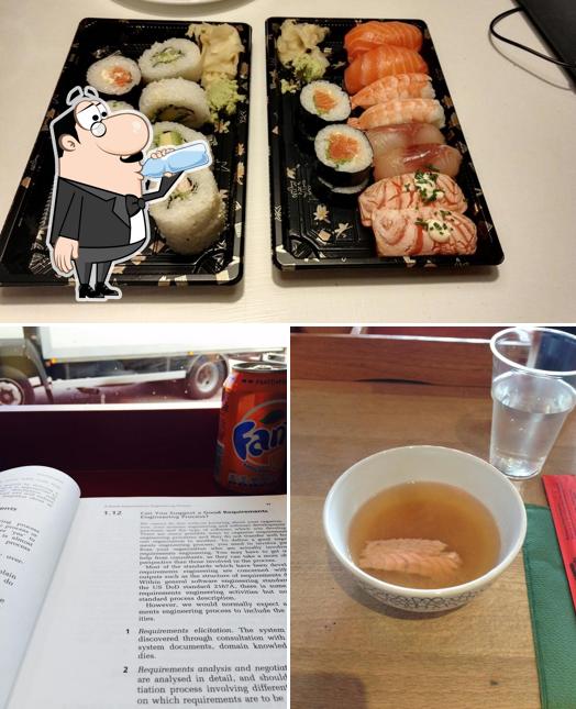 Это снимок, где изображены напитки и еда в Restaurant Sushi-San