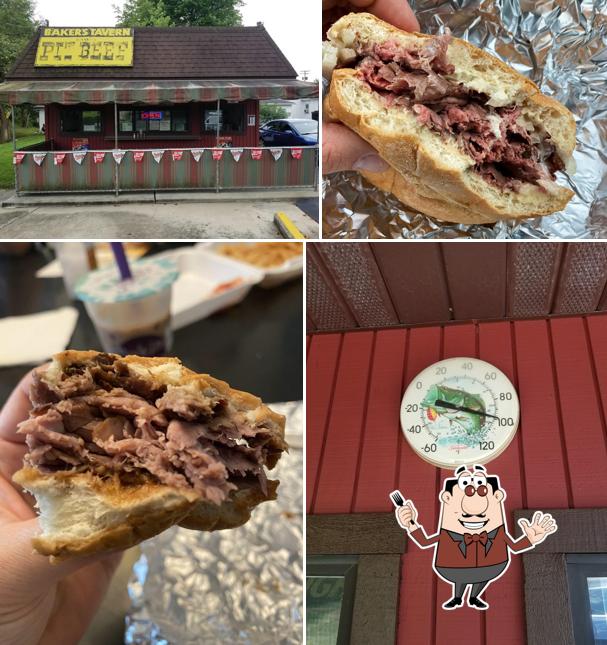 The picture of food and exterior at Baker's Pit Beef