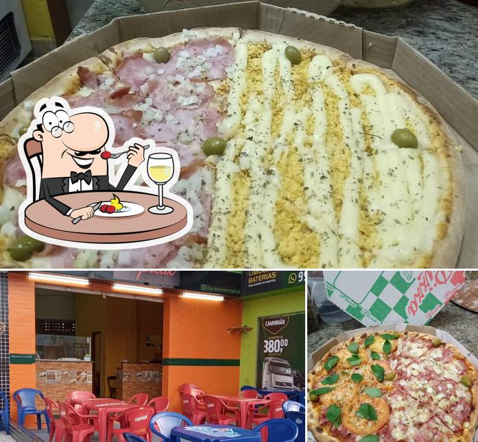 Dê uma olhada a ilustração apresentando comida e interior no Pizzaria Tropical Forno a lenha Guarapari