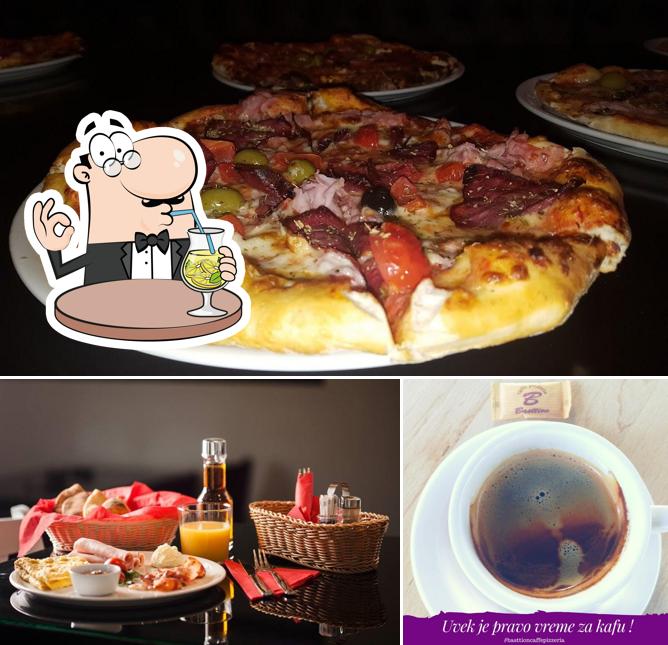 Among various things one can find drink and pizza at Pizzeria Caffe Basttion