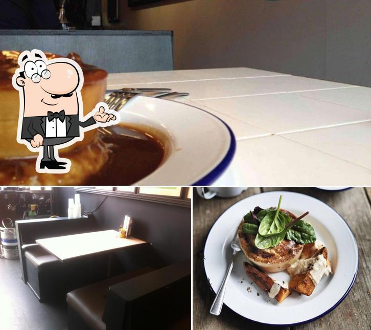 This is the photo depicting interior and food at Pieminister