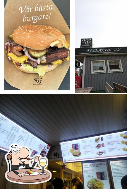 Observa las fotos que muestran comida y interior en Kalmar Grillen HB
