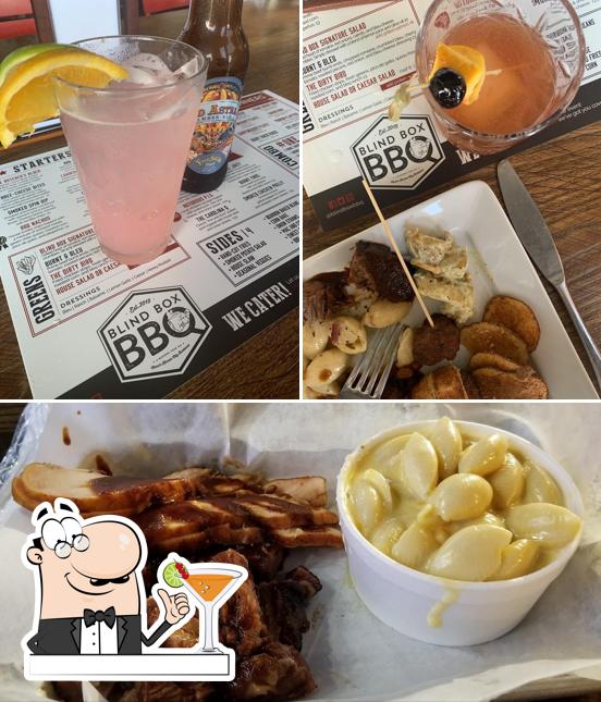 Among different things one can find drink and food at Blind Box BBQ - Village West