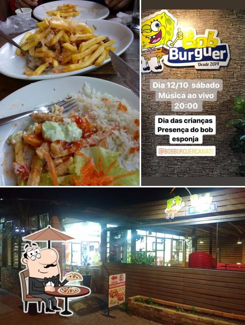 Это фотография, где изображены внешнее оформление и еда в Hamburgueria Bob Burguer