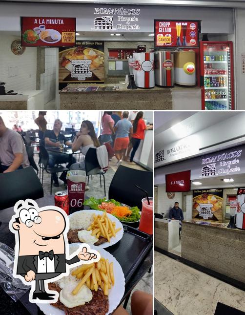 Entre diferentes coisas, interior e comida podem ser encontrados no Romaniacos Pizzaria e Pizza Cone