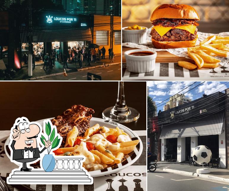 Confira a ilustração mostrando exterior e comida no Loucos Por Ti SteakBurger Tatuapé