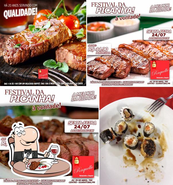 Escolha pratos de carne no RAQUELLE RESTAURANTE E CHOPERIA
