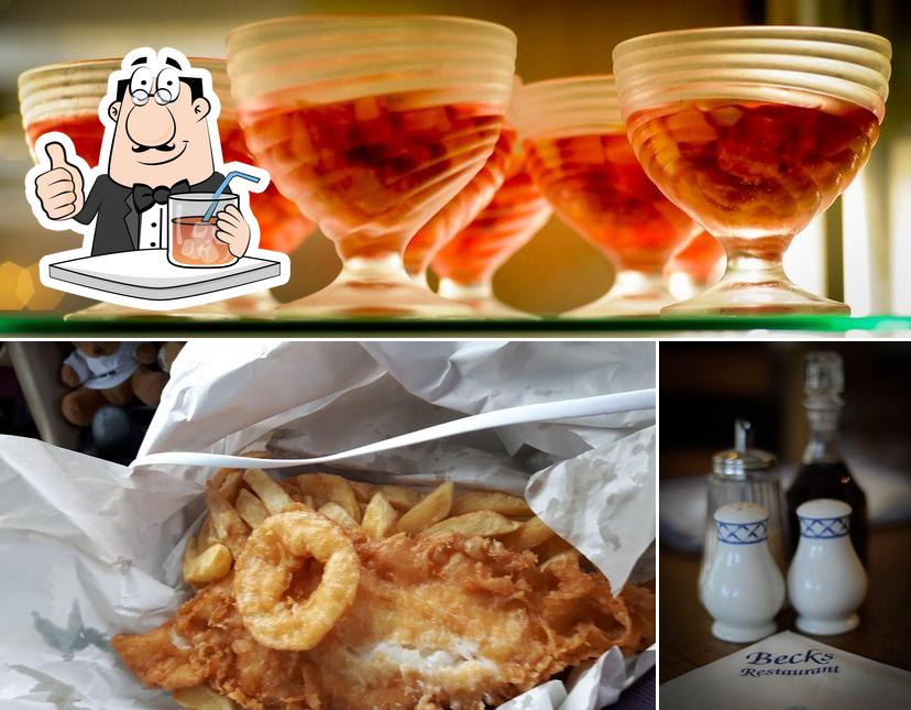 Это фотография, где изображены напитки и еда в Becks Fish & Chips