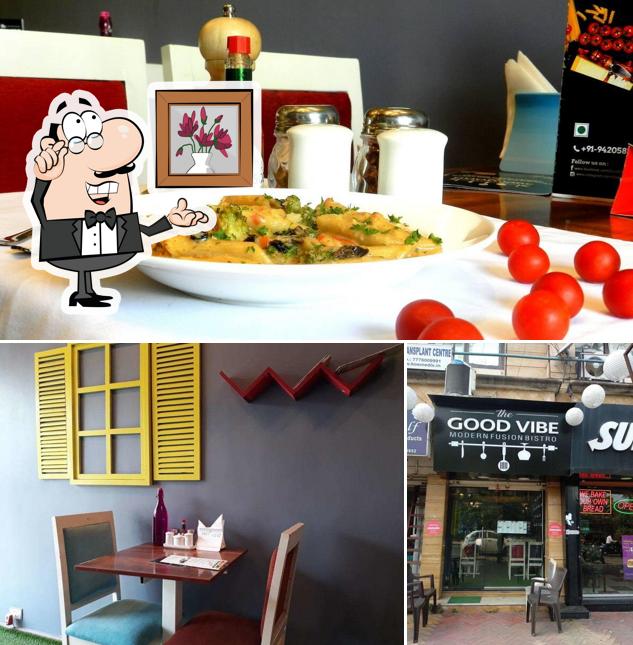 Take a look at the picture showing interior and food at The Good Vibe Bistro