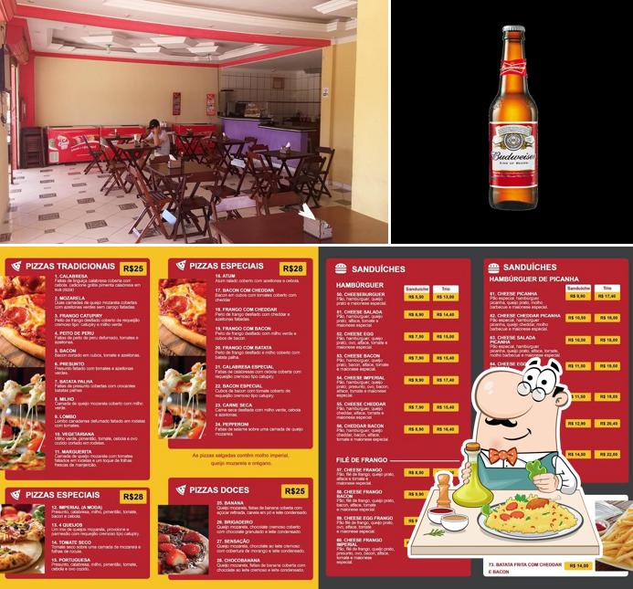 Confira a imagem mostrando comida e interior no Imperius Pizza & Burguer