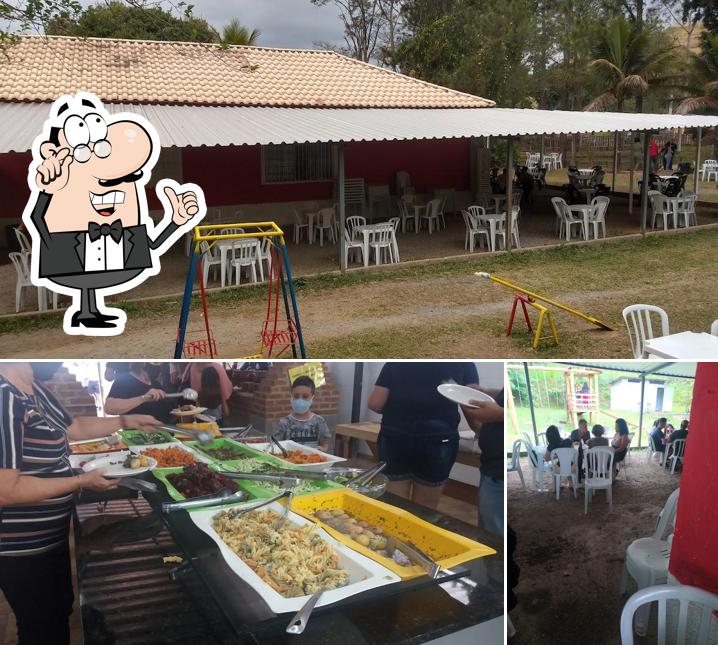 Esta é a ilustração mostrando interior e comida no Restaurante e pesqueiro fazenda do caipirão