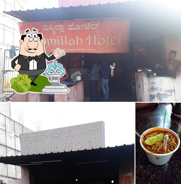 This is the picture displaying exterior and food at Bismillah Hotel