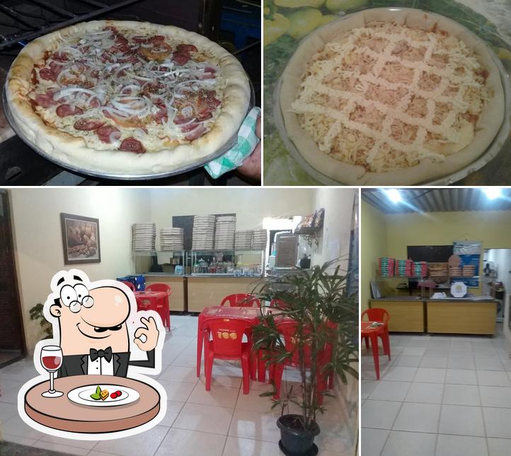 A ilustração da comida e interior no Pizzaria k 12