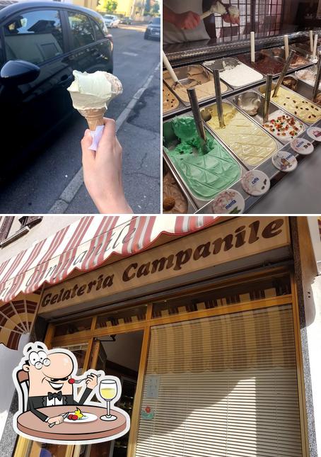 Tra le varie cose da Gelateria Campanile si possono trovare la cibo e interni