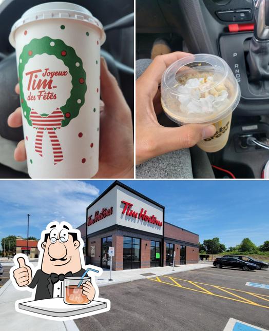 The photo of drink and exterior at Tim Hortons
