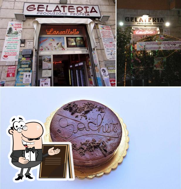 Take a look at the image displaying exterior and cake at Gelateria Lanzallotto