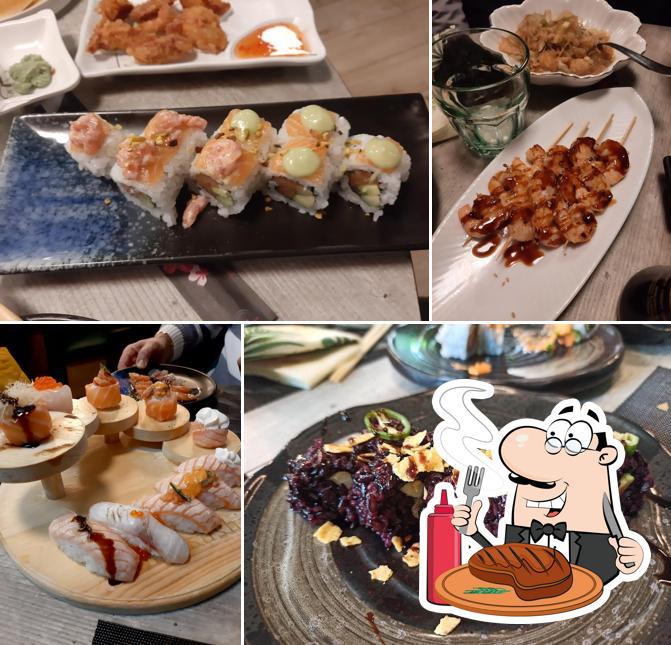 Prova i piatti di carne a Yama sushi restaurant